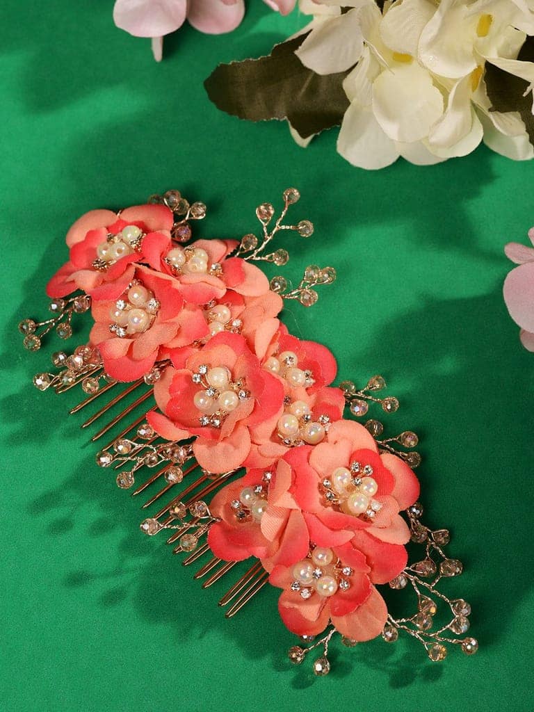 Peach Flowers Pearls & Crystal Embellished Bridal Hair Tiara view 2