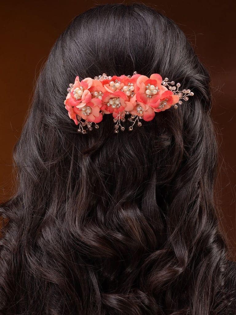 Peach Flowers Pearls & Crystal Embellished Bridal Hair Tiara view 6