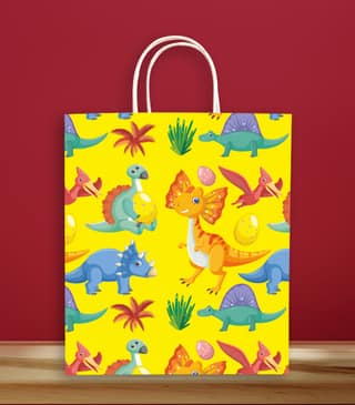 90 GSM Dinosaur Printed Paper Gift Bags, Ideal for Birthday Return Gifts, Kids Party, & Gifting on Special Occasions (Size: 11.4 x 9.4 x 4.7 inch) - 12