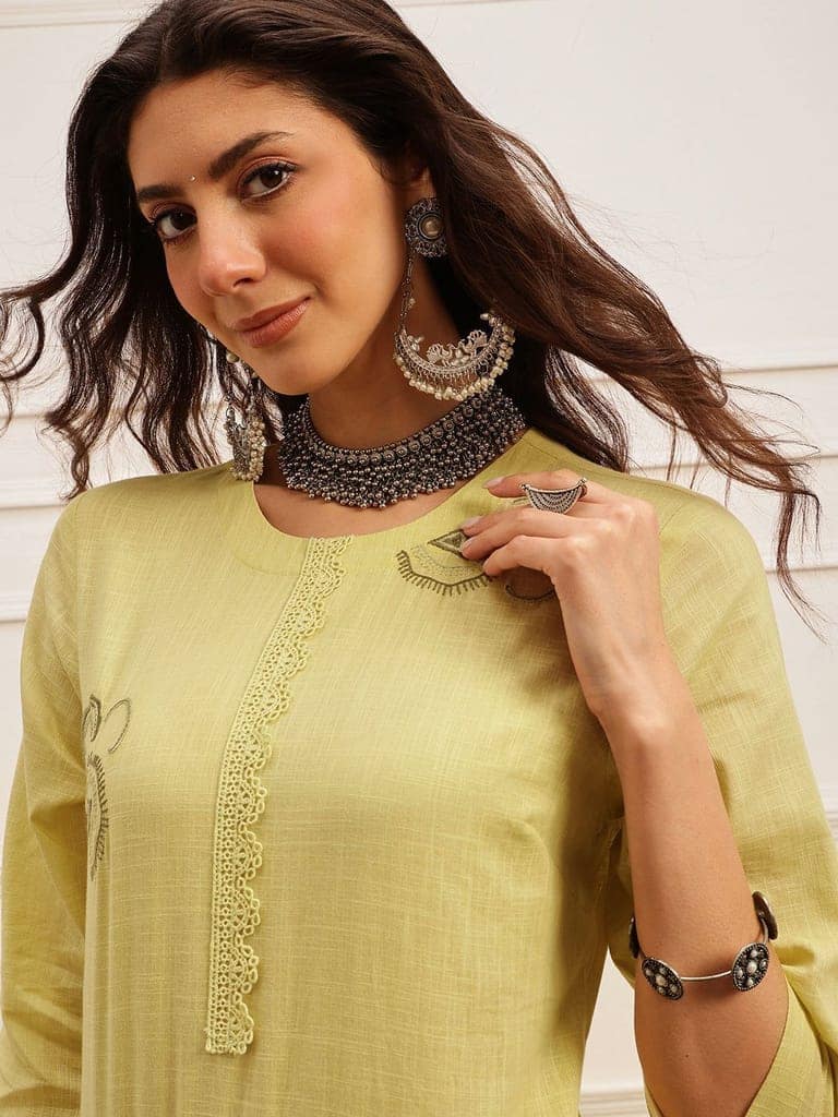 Lime Bloom Embroidered Kurta view 2