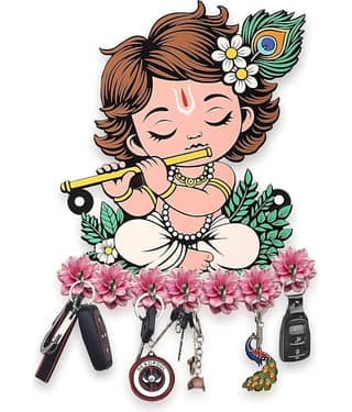 Premium Wooden Key Holder for Home/Office Decor/Key Hanger for Wall Decor,Decorative Item for Home (Cute Krishna)