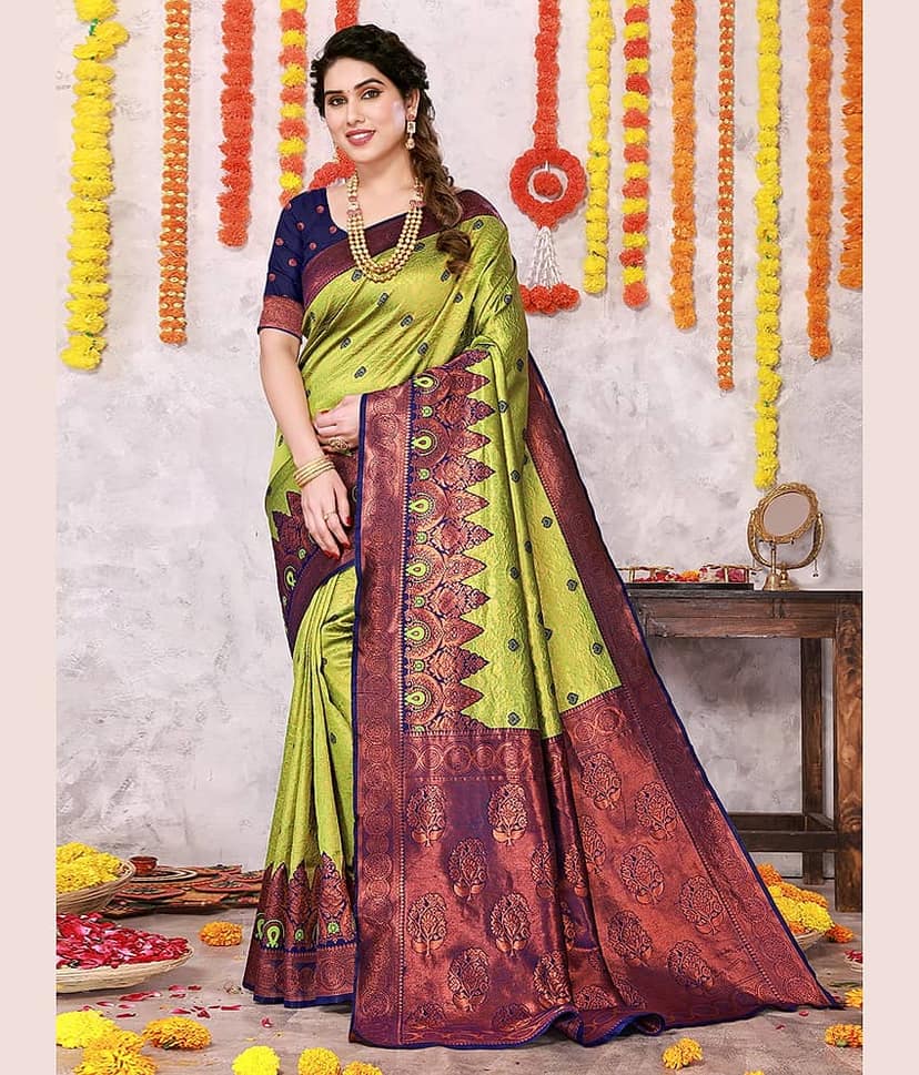 BLEESBURY Kanjivaram Woven Saree With Unstitched Blouse Piece ( Lime Green )