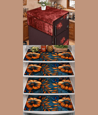 Revexo PVC Floral Fridge Mat & Cover ( 44 30 ) Pack of 5 - Beige