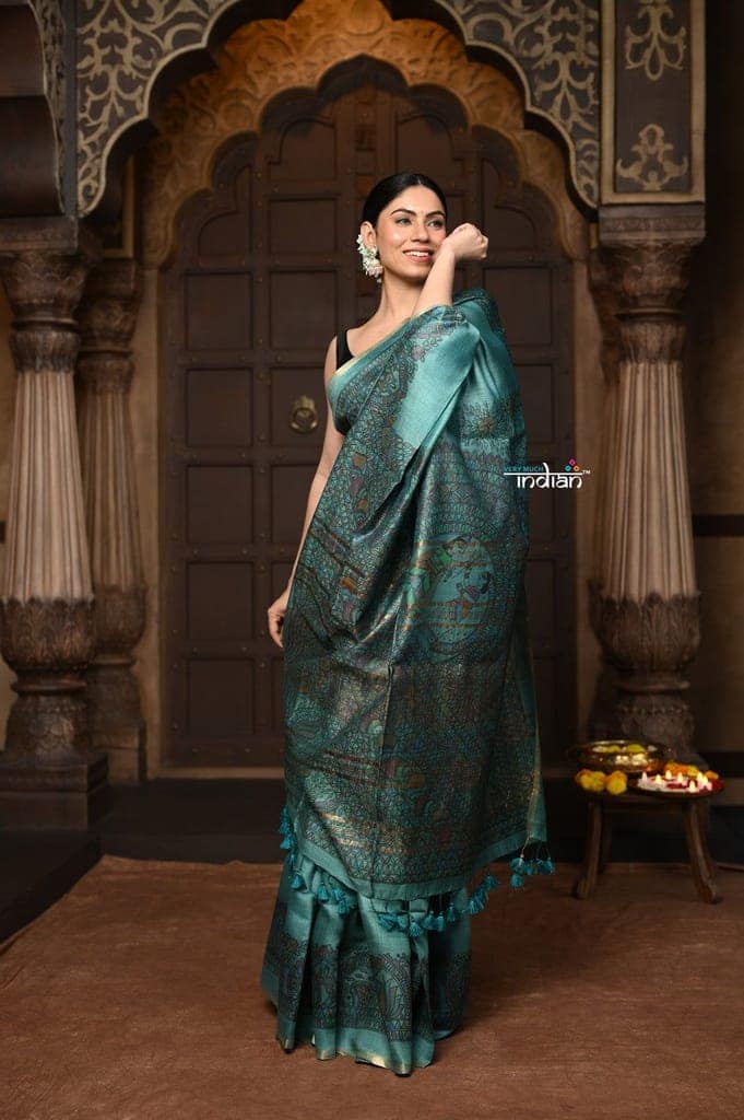 Parampara ~ Pure Tussar Silk Saree in Serene Sea Blue with Exquisite Madhubani HandPainted Saree view 2