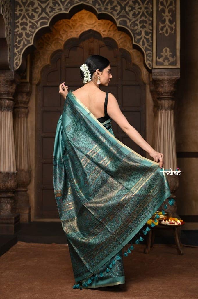 Parampara ~ Pure Tussar Silk Saree in Serene Sea Blue with Exquisite Madhubani HandPainted Saree view 3