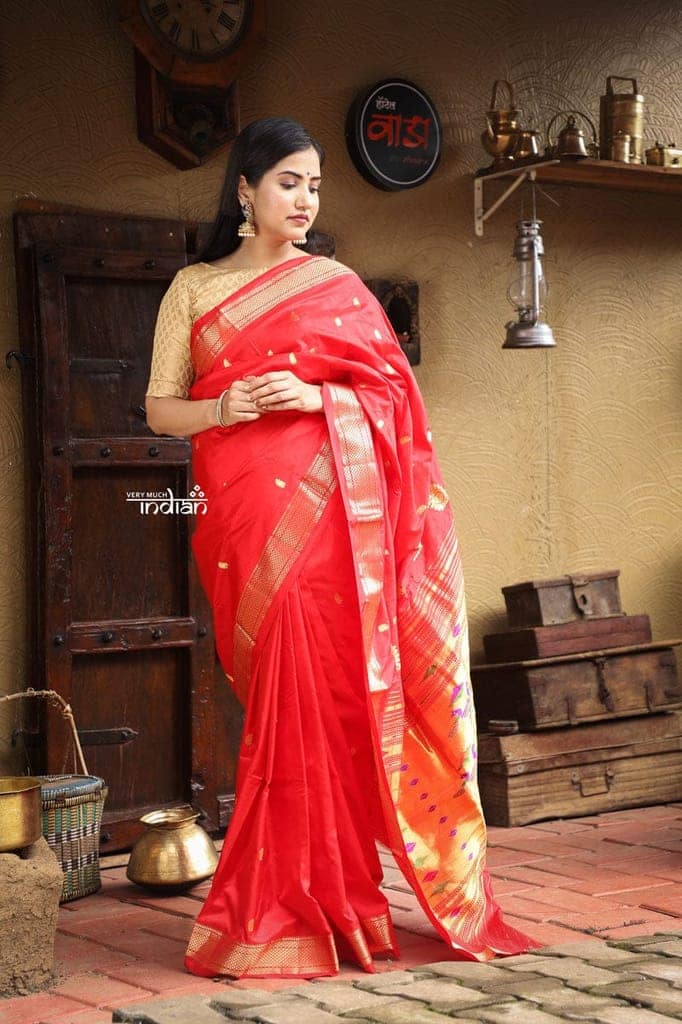 Utsaav ~ Traditional Handloom Pure Silk Paithani exclusively woven in Hot Red with Golden Zari, Traditional Pallu with beautiful Buttis view 3