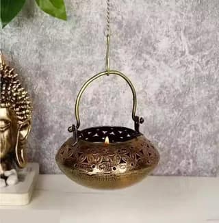 Globe Dhoop & Tea Light Candle Holder/Lantern Hanging Degchi/Dhuni with Stand Antique Gold Finish for Diwali Gifts | Home Decoration | Gifts | Home Decor
