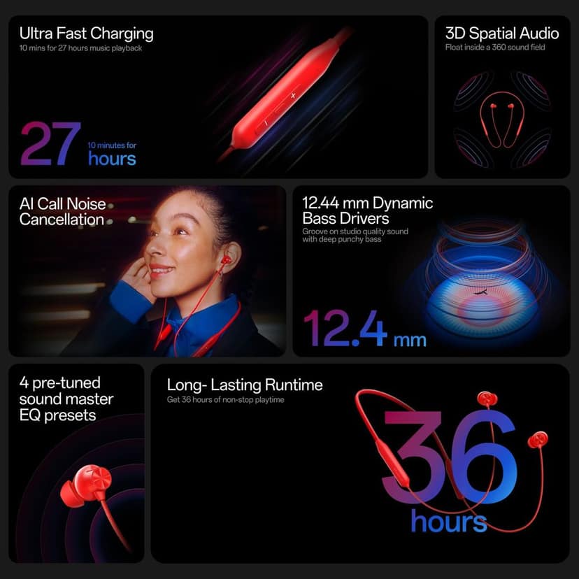 OnePlus Bullets Wireless Z3 in-Ear Neckband with 12.4mm Drivers, 3D Spatial Audio,10 mins Charge for 27 hrs Playback, AI Call Noise Cancellation, 4 EQ preset, Dynamic bass Enhancement & BT5.4 view 3