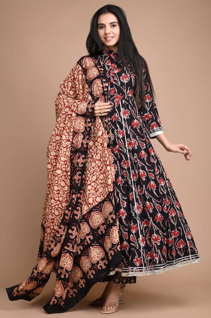 Anarkali Kurti Set Bagru Dabu HandBlock Print Melanzane Violet Color with natural dye and Mulmul Dupatta(Size: 34-48)-8415