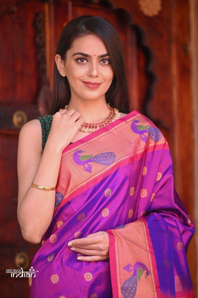 Raaga- Authentic Handloom Purple Maharani Paithani with Pink Peacocks Border view 4