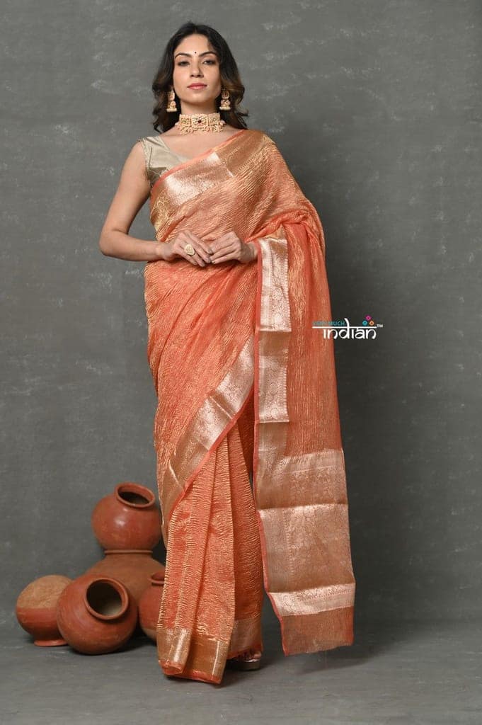 Tyohaar ~ Exclusive! Banarasi Handloom Crushed Pure Tissue Silk Saree ~ Golden Orange ( Silk Mark Certified) view 2