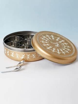 Rajasthani Handpainted Stainless Steel Masala Box Golden Colour-4910