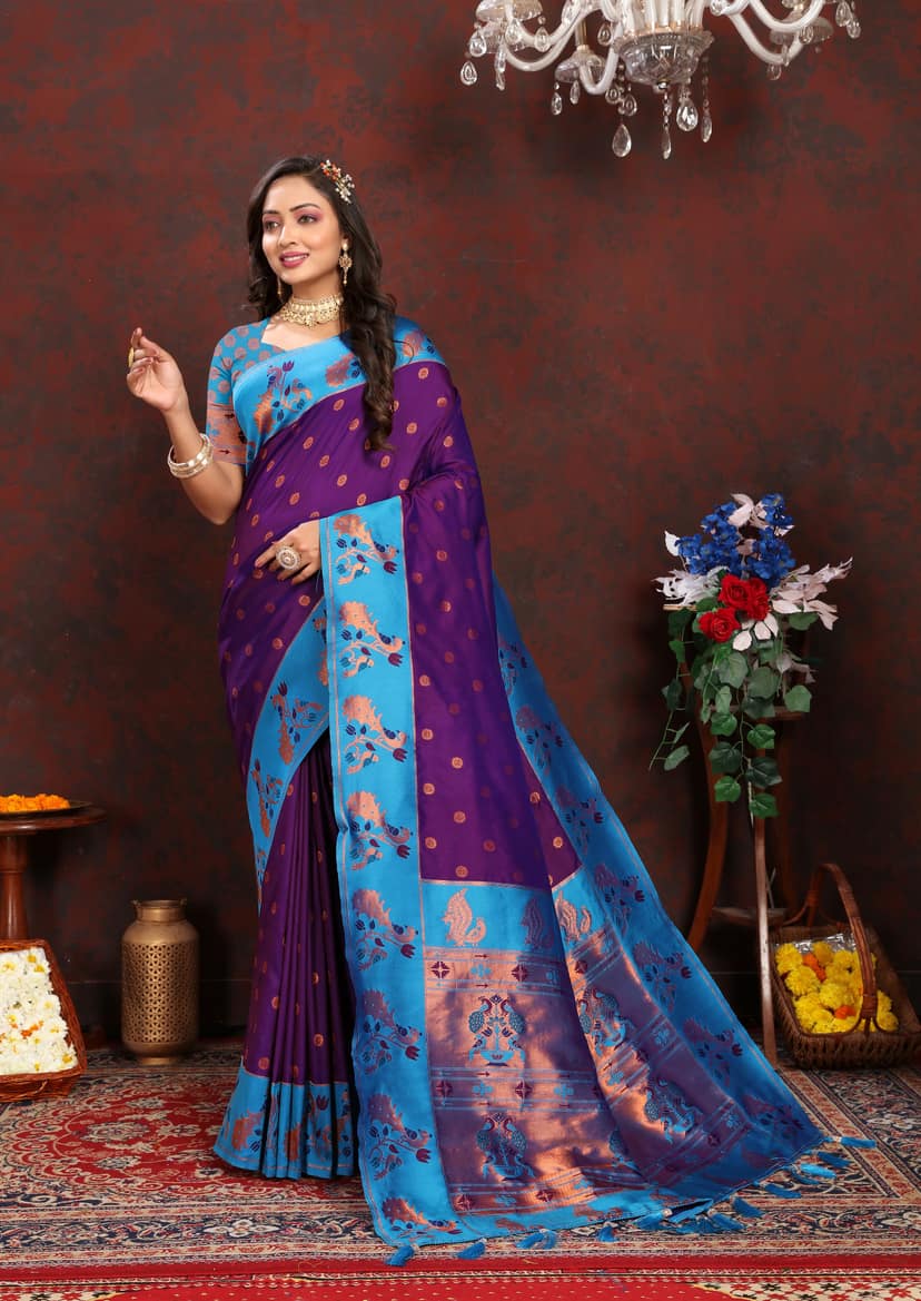Soft Paithani silk saree with zari weawing desi... view 2