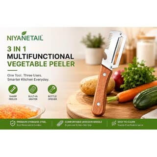 (Pack of 1) Multifunctional Vegetable Peeler for Kitchen 3 in 1 Stainless Steel Fruit & Vegetable Peeler with Wooden Handle, Built-in Grater & Bottle Opener for Potato, Carrot, Apple & Cucumber view 3