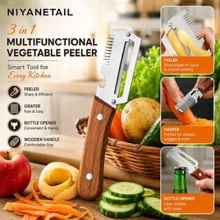 (Pack of 1) Multifunctional Vegetable Peeler for Kitchen 3 in 1 Stainless Steel Fruit & Vegetable Peeler with Wooden Handle, Built-in Grater & Bottle Opener for Potato, Carrot, Apple & Cucumber view 6