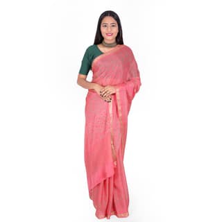 Tribes India Handwoven Peach Pink Bandhej Saree