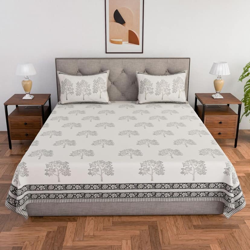Cotton hand block printed king size bedsheet ( 100 x 108 inches) - Grey Tree