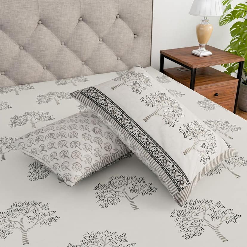 Cotton hand block printed king size bedsheet ( 100 x 108 inches) - Grey Tree view 2