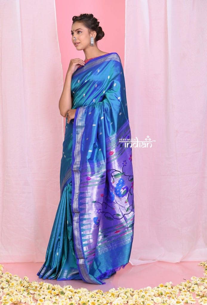 Pehal~ EXCLUSIVE! Dual Tone Blue Pure Silk Paithani Saree with Silver Border & Authentic Pallu view 2