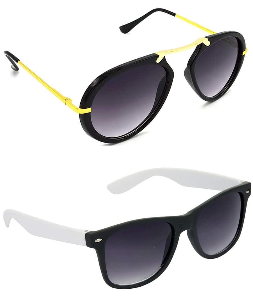 Hrinkar Unisex Wrap-around Sunglasses Golden & White Frame, Grey Lens (Medium) - Pack of 2