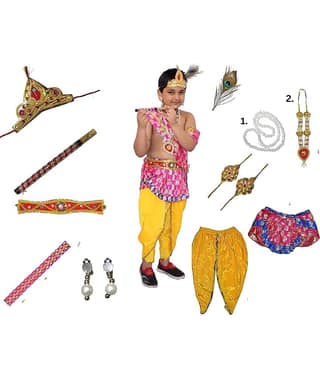 Kaku Fancy Dresses Krishna Costume for Boy/Janmashtami/Bal Gopal Dress/Kanha Costume/Bal Krishna/Mythological Costume for Boy - Yellow-Pink, 1-2 Years