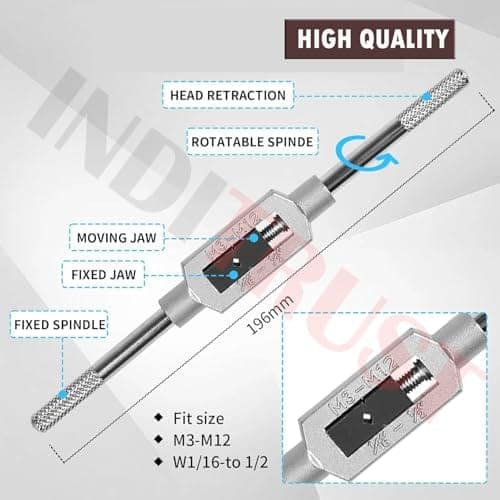 Inditrust 8 Pcs Tap Wrench Set with Metric Plug Taps & Drill Bits (M3–M12) | Adjustable Tap Wrench 1/8"-1/2" | Threading Tool Kit for Metal, Wood & DIY Applications view 2