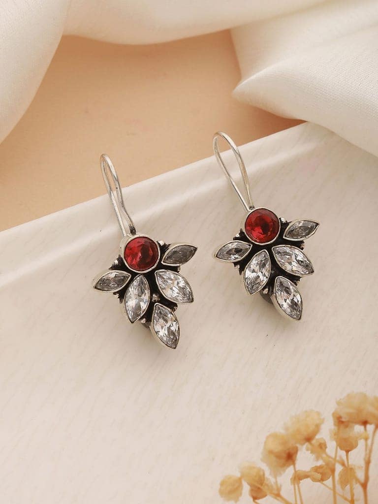 Oxidised Silver Toned Red Garnet Minimal Officewear Fish Hook Earrings view 2