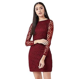 Miss Chase Womens Maroon Round Neck Full Sleeves Lace Bodycon Mini Dress