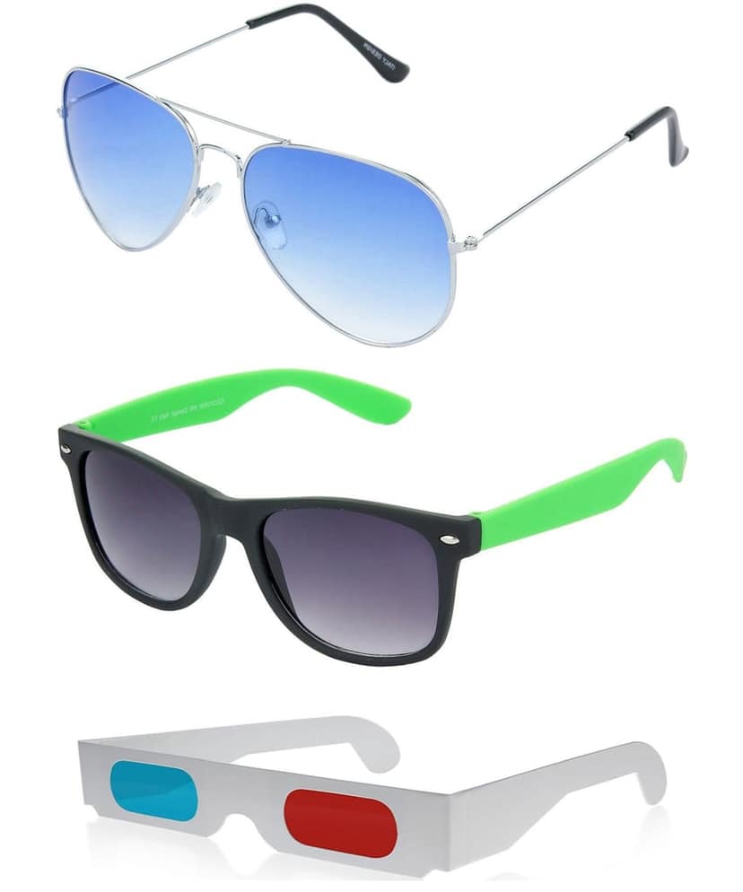 HRINKAR Pilot And Rectangular Stylish Sunglasses For Men And Women (Blue And Grey Lens | Silver And Black Frame - HCMB051) With Free Paper 3D Glass