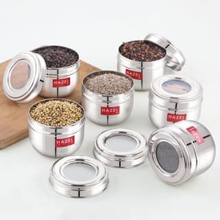 HAZEL Stainless Steel Transparent Lid Containers , Versatile Storage Jars with See-Through Top , Nesting Kitchen Canisters for Spices, Snacks & Grains , 300ml (Set of 6)