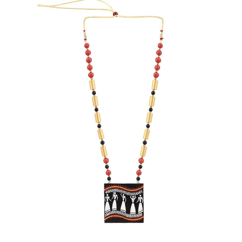 Le bijouxistic EKAM EK TERRACOTTA NECKLACE SET WITH EARRINGS IN WARLI DESIGN WITH BLACK BACKGROUND FOR WOMEN AND GIRLS FOR CASUAL AND FORMAL OCCASION view 5
