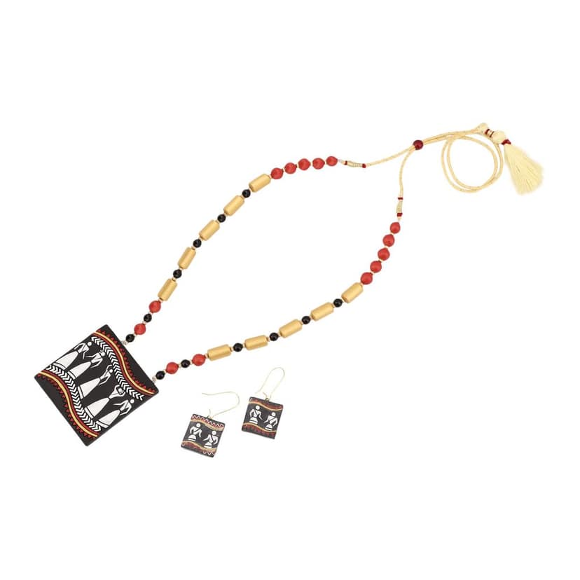 Le bijouxistic EKAM EK TERRACOTTA NECKLACE SET WITH EARRINGS IN WARLI DESIGN WITH BLACK BACKGROUND FOR WOMEN AND GIRLS FOR CASUAL AND FORMAL OCCASION view 6