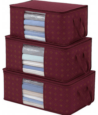 WAJI VA Luxury Foldable Clothes Storage Organizer Boxes with Clear Window, Black and Gold Pattern, Set of 3, Large Capacity Underbed Storage Containers for Blankets, Bedding, Seasonal Items