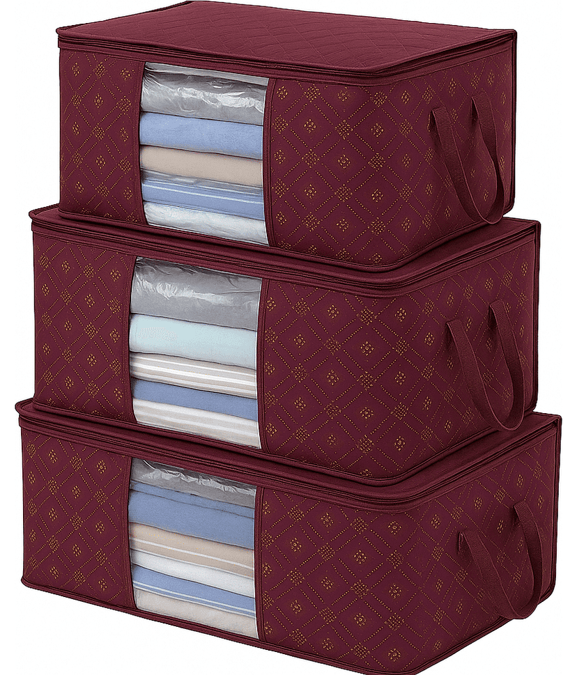 WAJI VA Luxury Foldable Clothes Storage Organizer Boxes with Clear Window, Black and Gold Pattern, Set of 3, Large Capacity Underbed Storage Containers for Blankets, Bedding, Seasonal Items