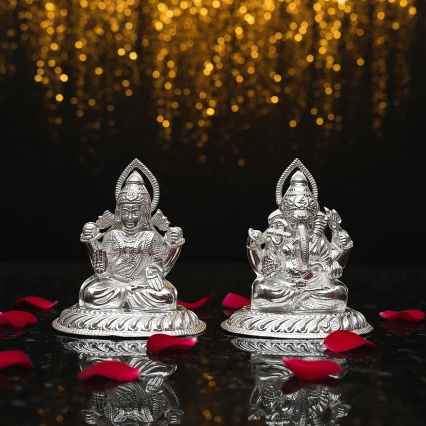 Pure Silver Lakshmi Ganesh Idol Set with Prabhavali | 925 Hallmarked Laxmi Ganesha Murti for Puja, Diwali Gift, Home Temple Décor I Weight - 70 g view 2