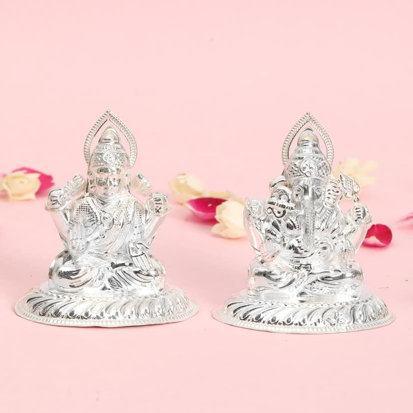 Pure Silver Lakshmi Ganesh Idol Set with Prabhavali | 925 Hallmarked Laxmi Ganesha Murti for Puja, Diwali Gift, Home Temple Décor I Weight - 70 g view 3