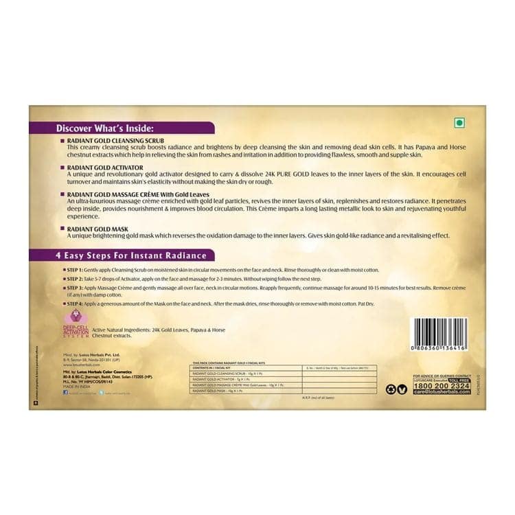 Lotus Herbals Radiant Gold Cellular Glow Facial Kit (Single Use) (37g) + Lotus Herbals Safe Sun UV Screen Matte Gel PA+++ SPF - 50 (100g) Pack of 2 view 7