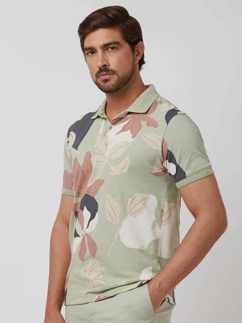 Light Green Floral Print Slim Fit Polo view 2