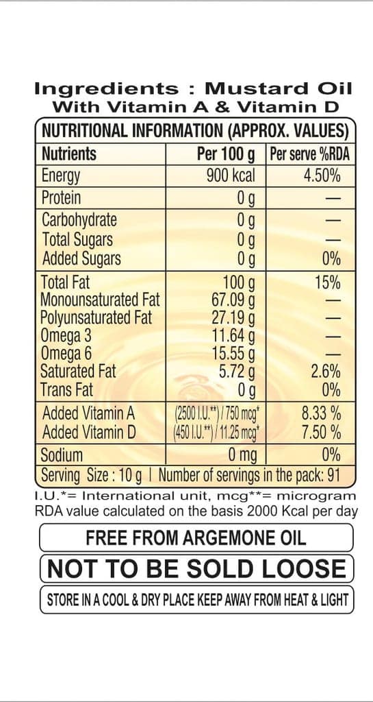 Nutena Live Healthy Life! Kachi Ghani Mustard Oil 1L Bottle view 3