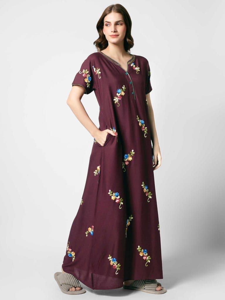 Zeyo Women Rayon Light Blue Floral Embroidery Nighty view 3
