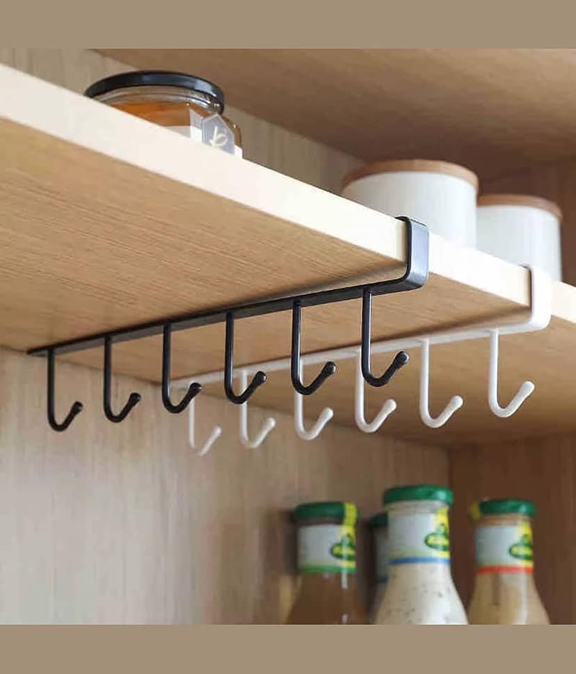 Multifunctional 6 Stainless Steel Door Organizer/Hook Hanger Mug Cup Holder Rack Organizer Stand for Kitchen Counter, Cabinet, Table with 6 Hooks - Black