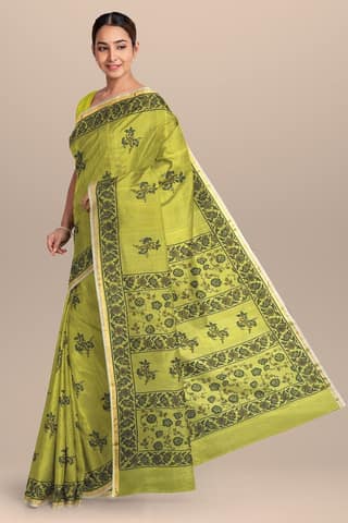 Sheen Green Floral Motif Handwoven Hand Block Print Sausar Silk Saree SKU-AS10071