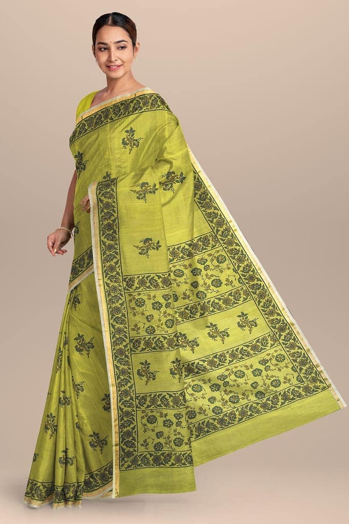 Sheen Green Floral Motif Handwoven Hand Block Print Sausar Silk Saree SKU-AS10071