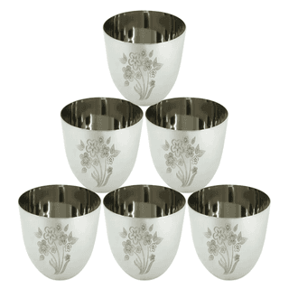 SHINI LIFESTYLE (Pack of 6) Stainless Steel Floral design, Heavy Gauge Glass Set Water/Juice Glass (350 ml, Steel, Silver)