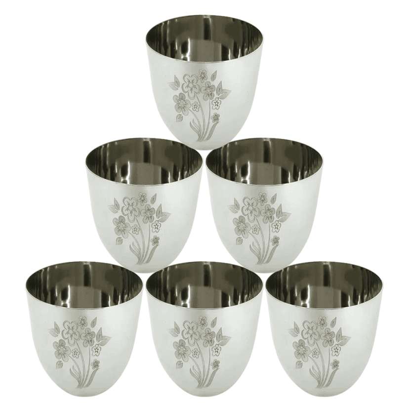SHINI LIFESTYLE (Pack of 6) Stainless Steel Floral design, Heavy Gauge Glass Set Water/Juice Glass (350 ml, Steel, Silver)