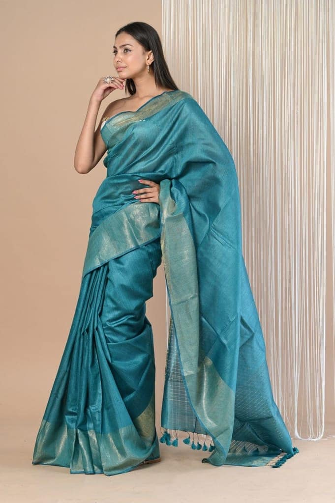 Exclusive Pure Moonga Tussar Silk Saree With Beautiful Border ~ Teal Blue
