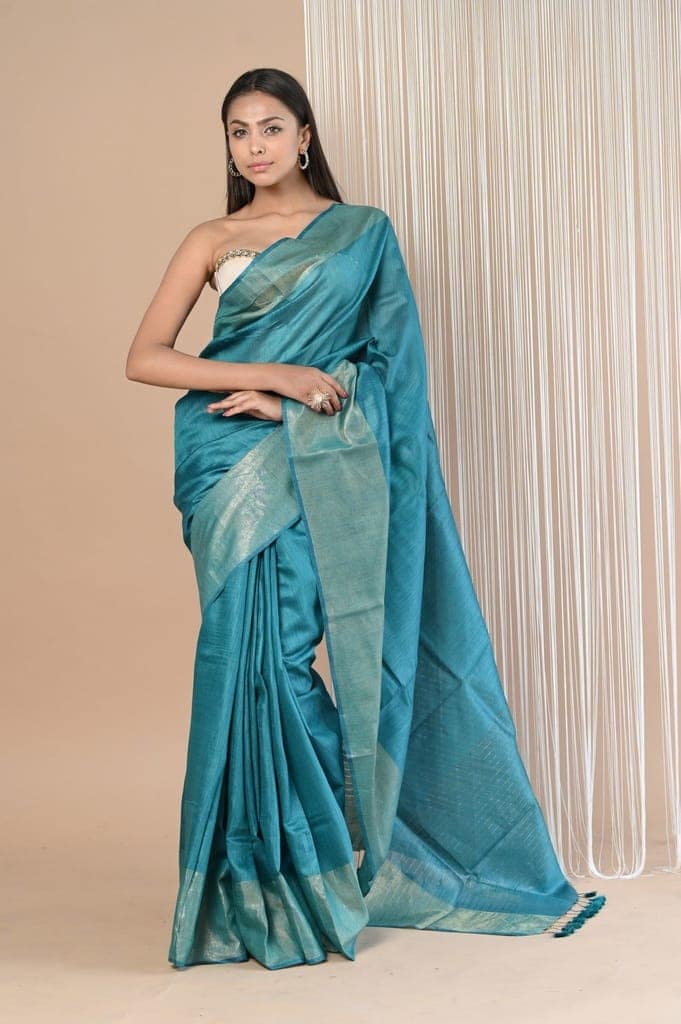 Exclusive Pure Moonga Tussar Silk Saree With Beautiful Border ~ Teal Blue view 2