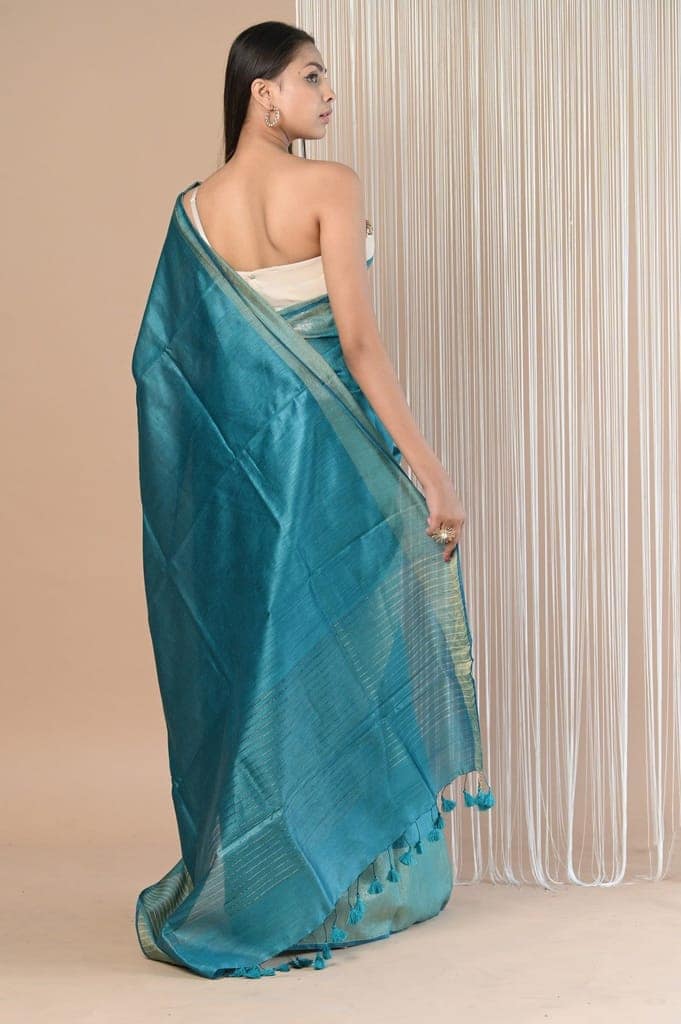 Exclusive Pure Moonga Tussar Silk Saree With Beautiful Border ~ Teal Blue view 4