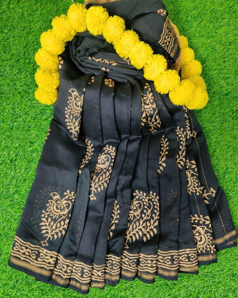 Chanderi Cotton Saree Block Print Black Color with running blouse-5656 view 2