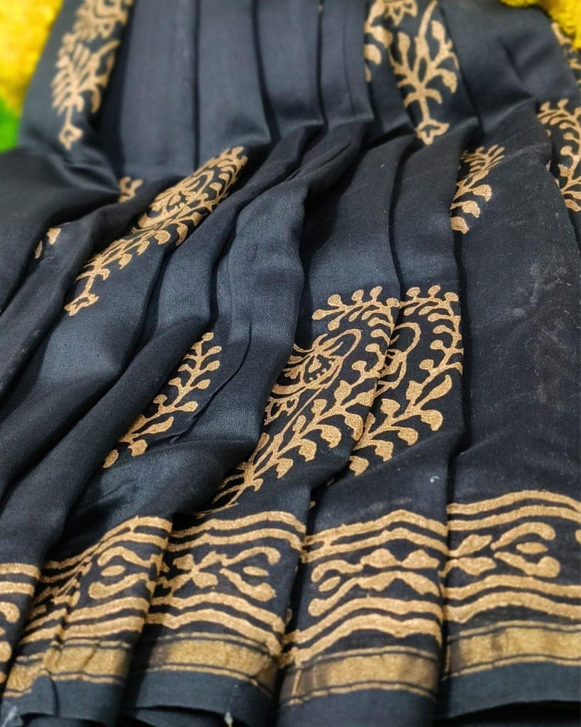 Chanderi Cotton Saree Block Print Black Color with running blouse-5656 view 3